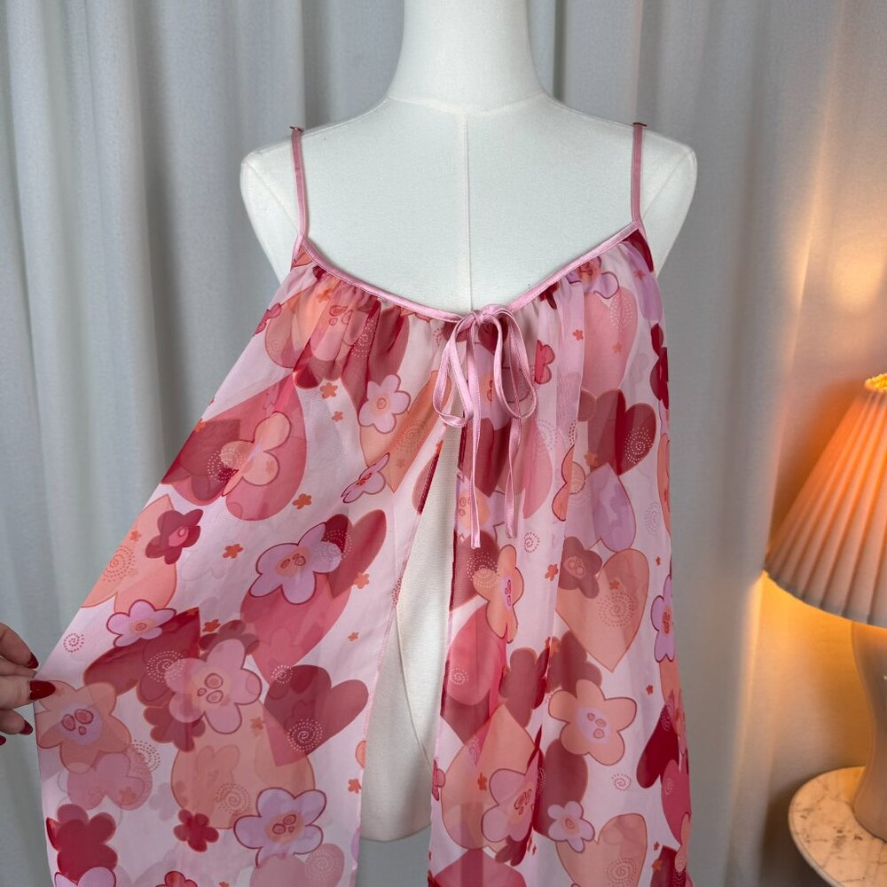 La Senza Y2K Pink Hearts Floral Chiffon Ruffle Slip Medium - Picture 7 of 9